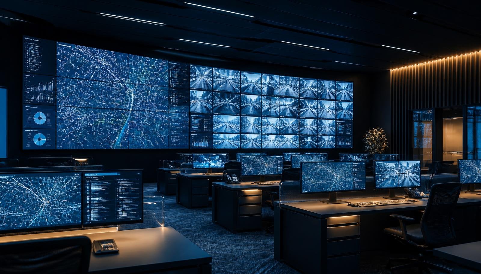 Security command and control centre with a wall of monitors showing camera feeds and city maps