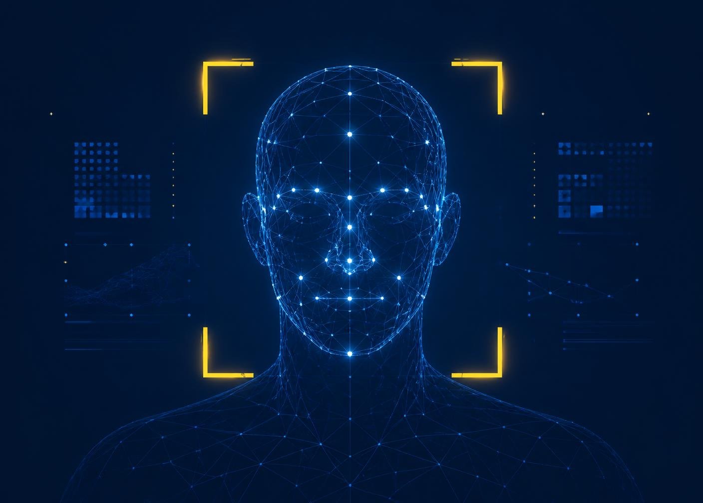 Wireframe facial recognition mesh mapped onto a human head with yellow tracking brackets